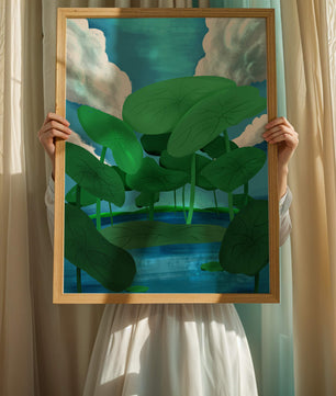 Serene landscape with lush green leaves and blue horizon