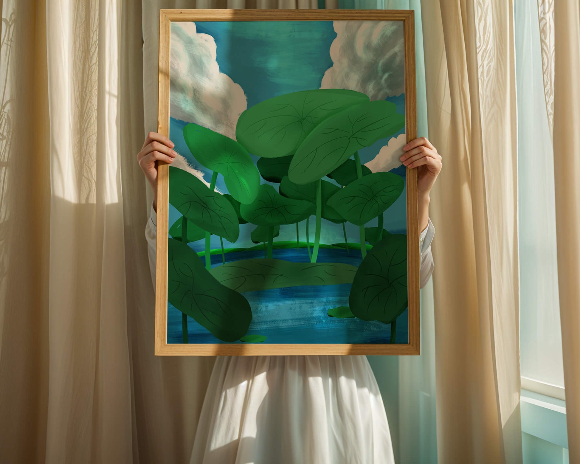 Serene landscape with lush green leaves and blue horizon