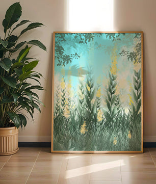 Serene Garden with Tall Green Leaves and Yellow Flowers Under Blue Sky