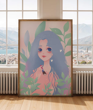 Illustration of a blue-haired girl surrounded by greenery