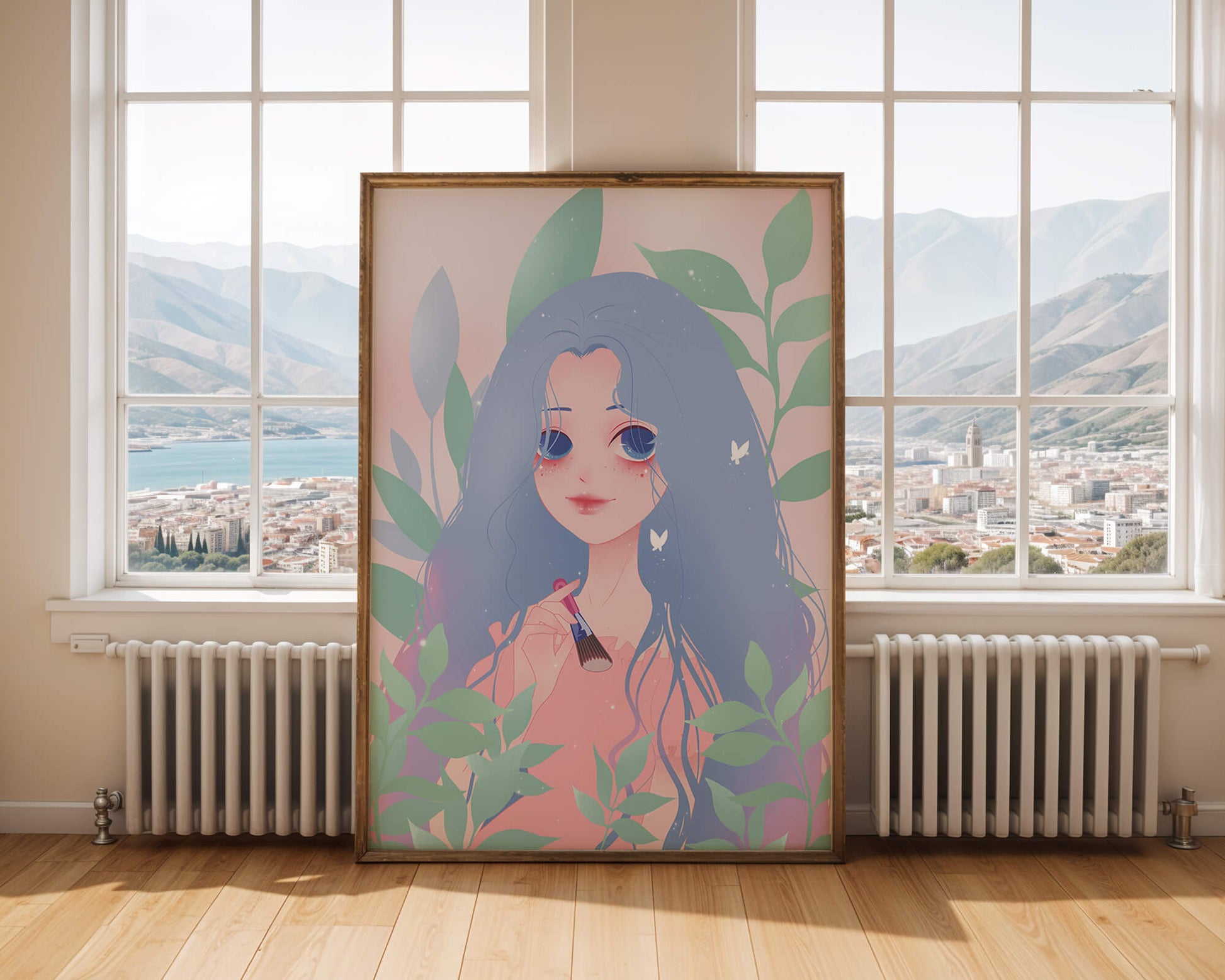 Illustration of a blue-haired girl surrounded by greenery