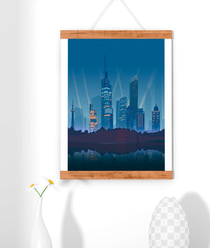 Paisaje urbano moderno con rascacielos iluminados reflejándose en el agua