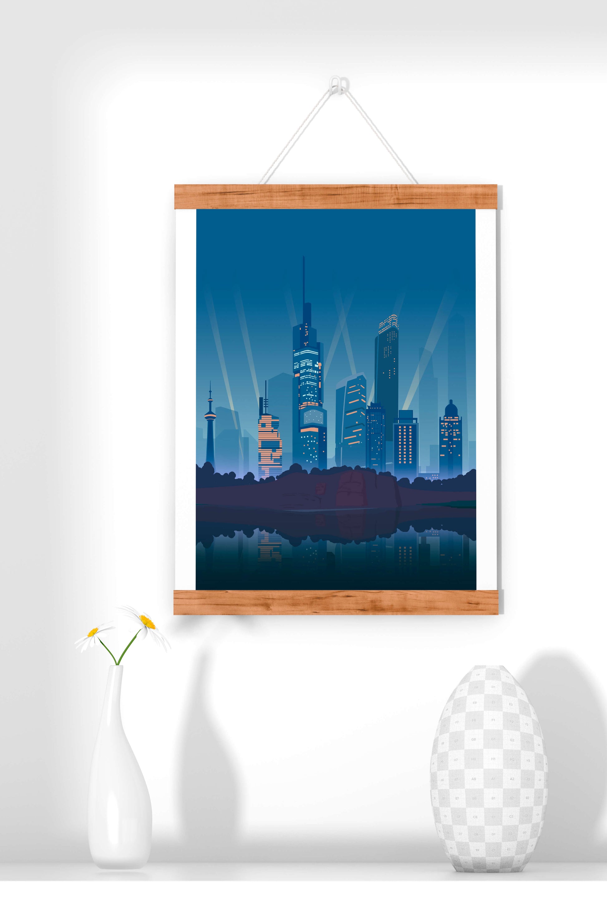 Modern cityscape with illuminated skyscrapers reflecting on water