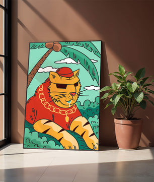 Stylish cartoon tiger lounging under a tropical palm tree with gold accessories
