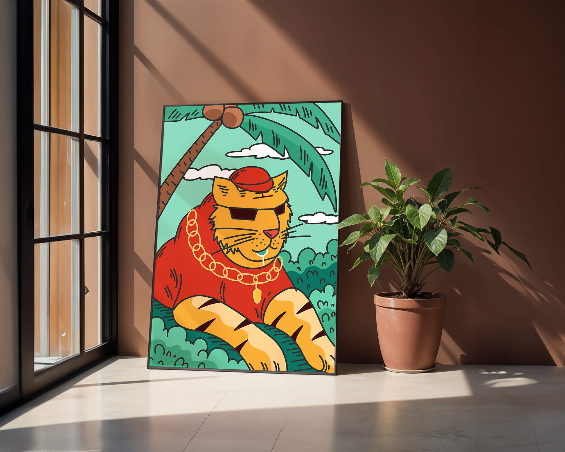 Stylish cartoon tiger lounging under a tropical palm tree with gold accessories