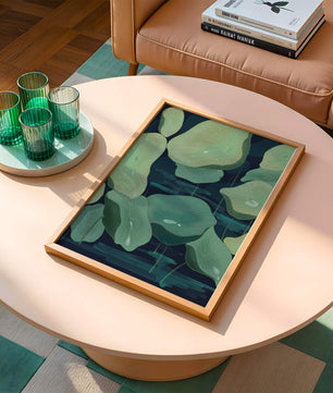 Green lily pads on a dark water background illustration