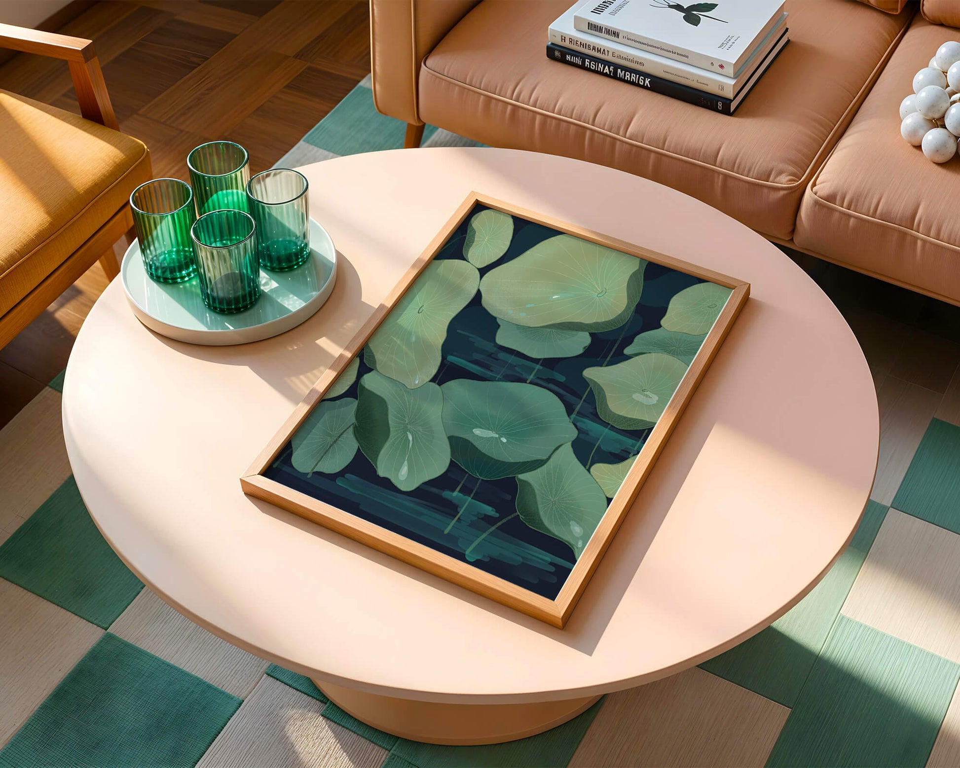 Green lily pads on a dark water background illustration