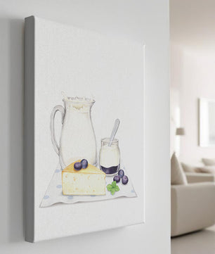 Illustration of dairy products with blueberries on polka dot cloth