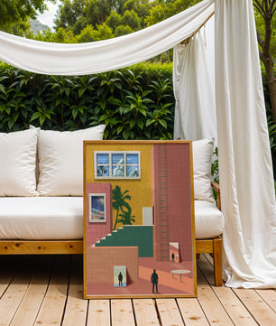 Surreale Architekturlandschaft mit tropischen Elementen und abstrakten Figuren