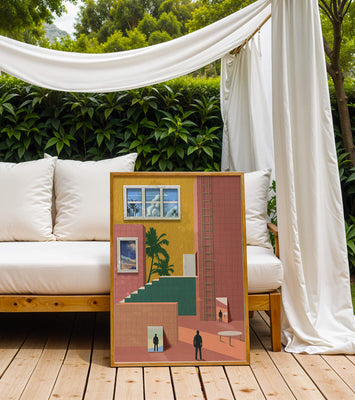 Surreal architectural landscape with tropical elements and abstract figures