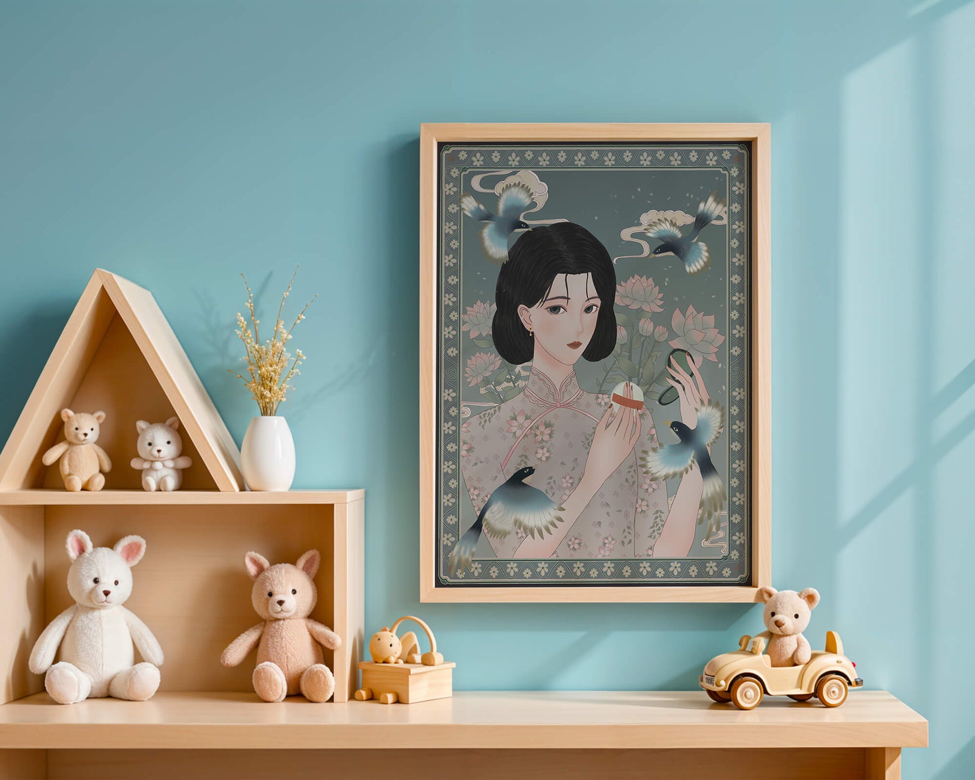 Elegant woman in floral kimono surrounded by birds and lotus flowers