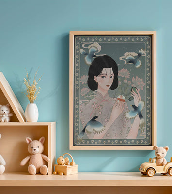 Elegant woman in floral kimono surrounded by birds and lotus flowers