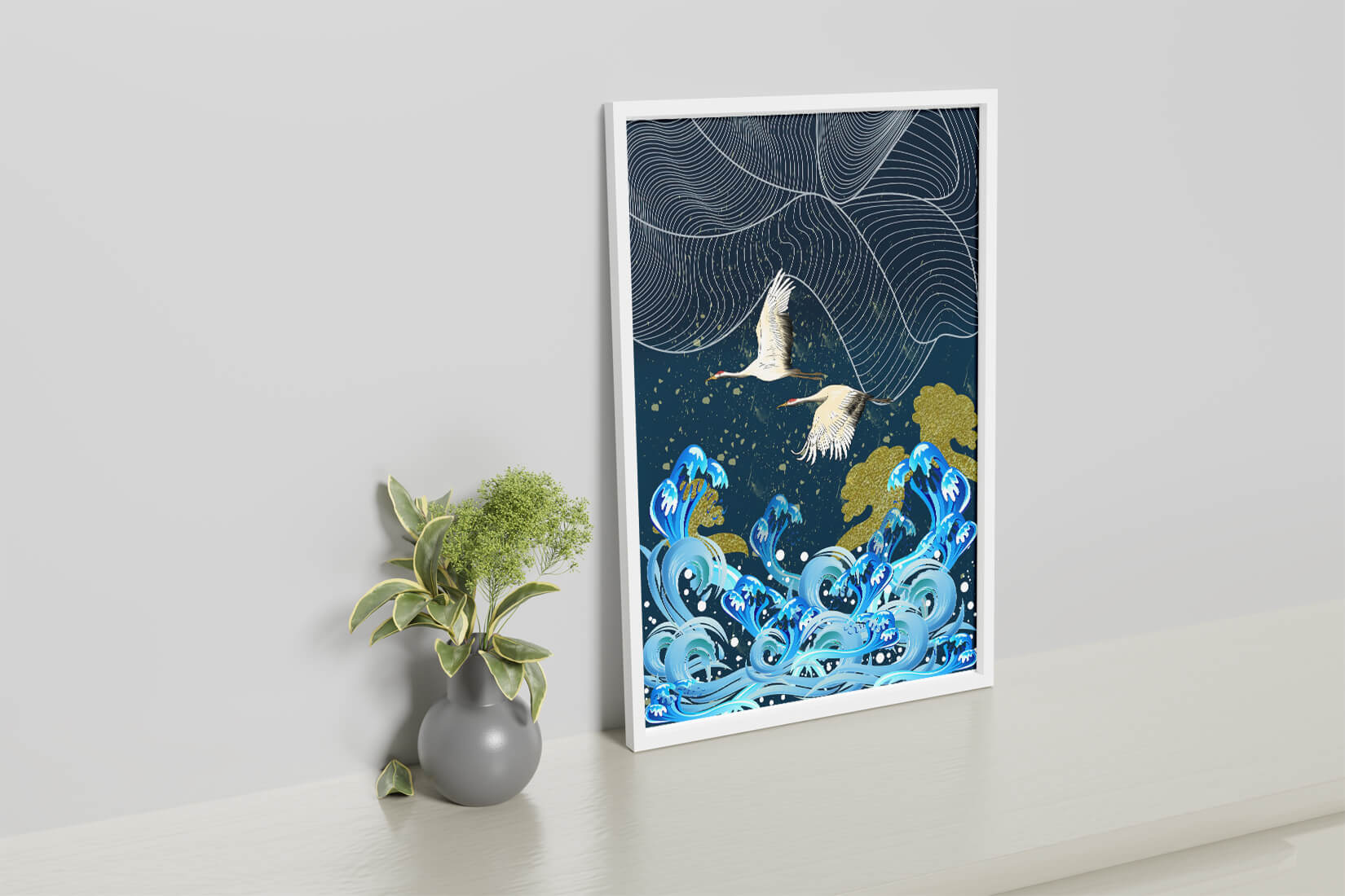 Elegant Cranes Flying Over Golden Waves and Artistic Ocean