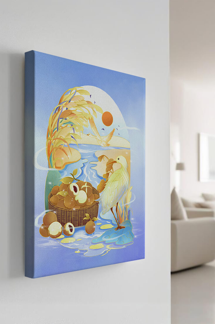Serene landscape with a bird, fruit basket, and golden reeds under a bright sun
