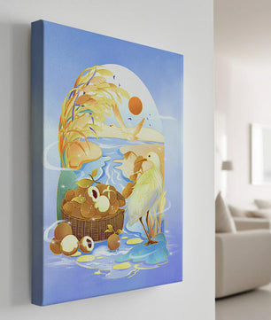 Serene landscape with a bird, fruit basket, and golden reeds under a bright sun