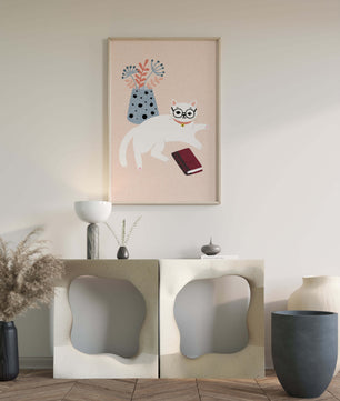 Illustration of playful cat with book and floral vase