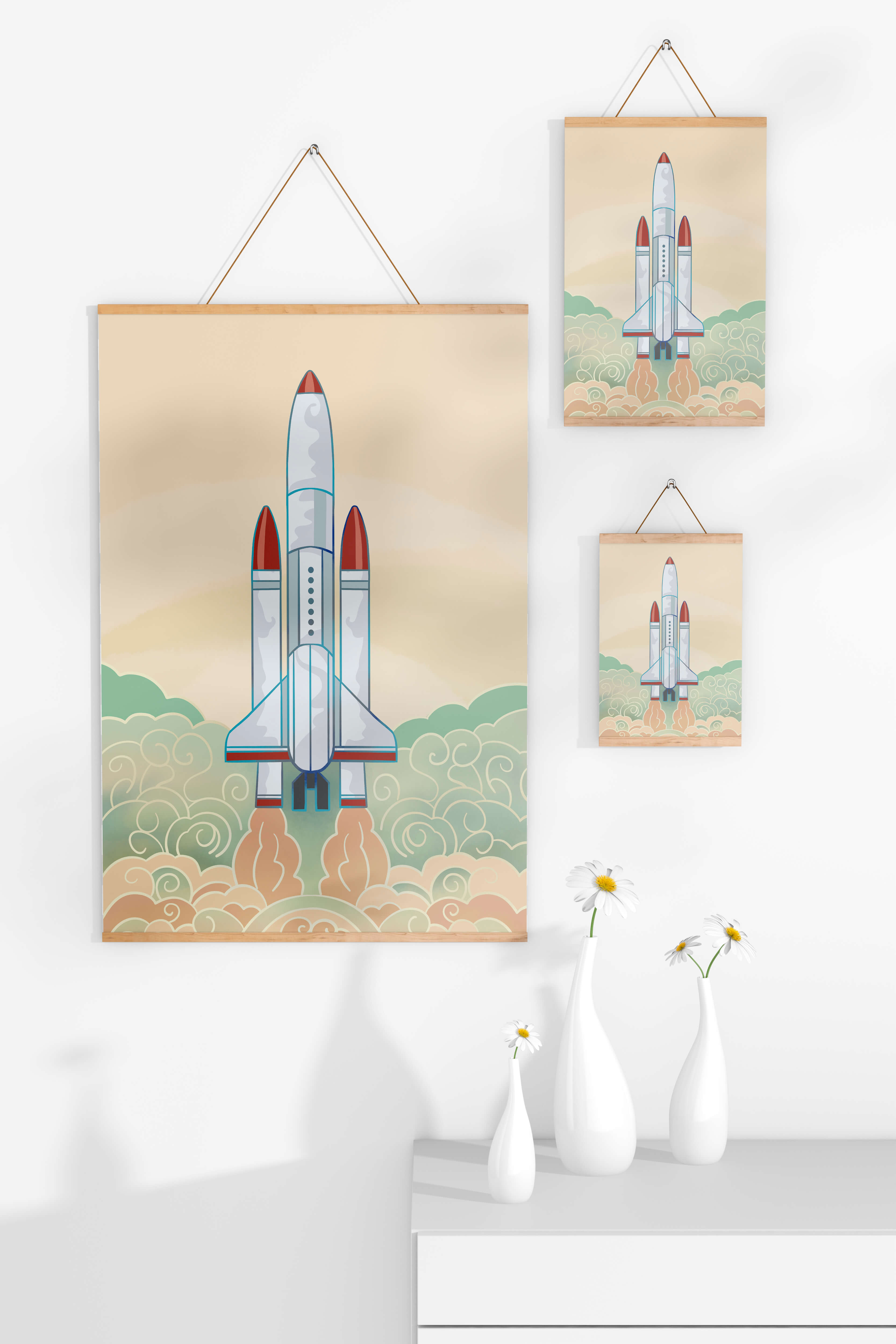 Colorful rocket launch from vintage-style clouds