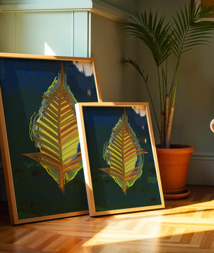 Abstract digital artwork featuring a vibrant multicolored leaf