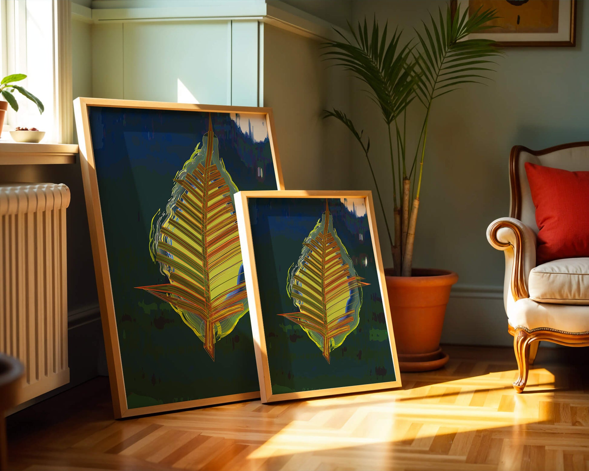 Abstract digital artwork featuring a vibrant multicolored leaf