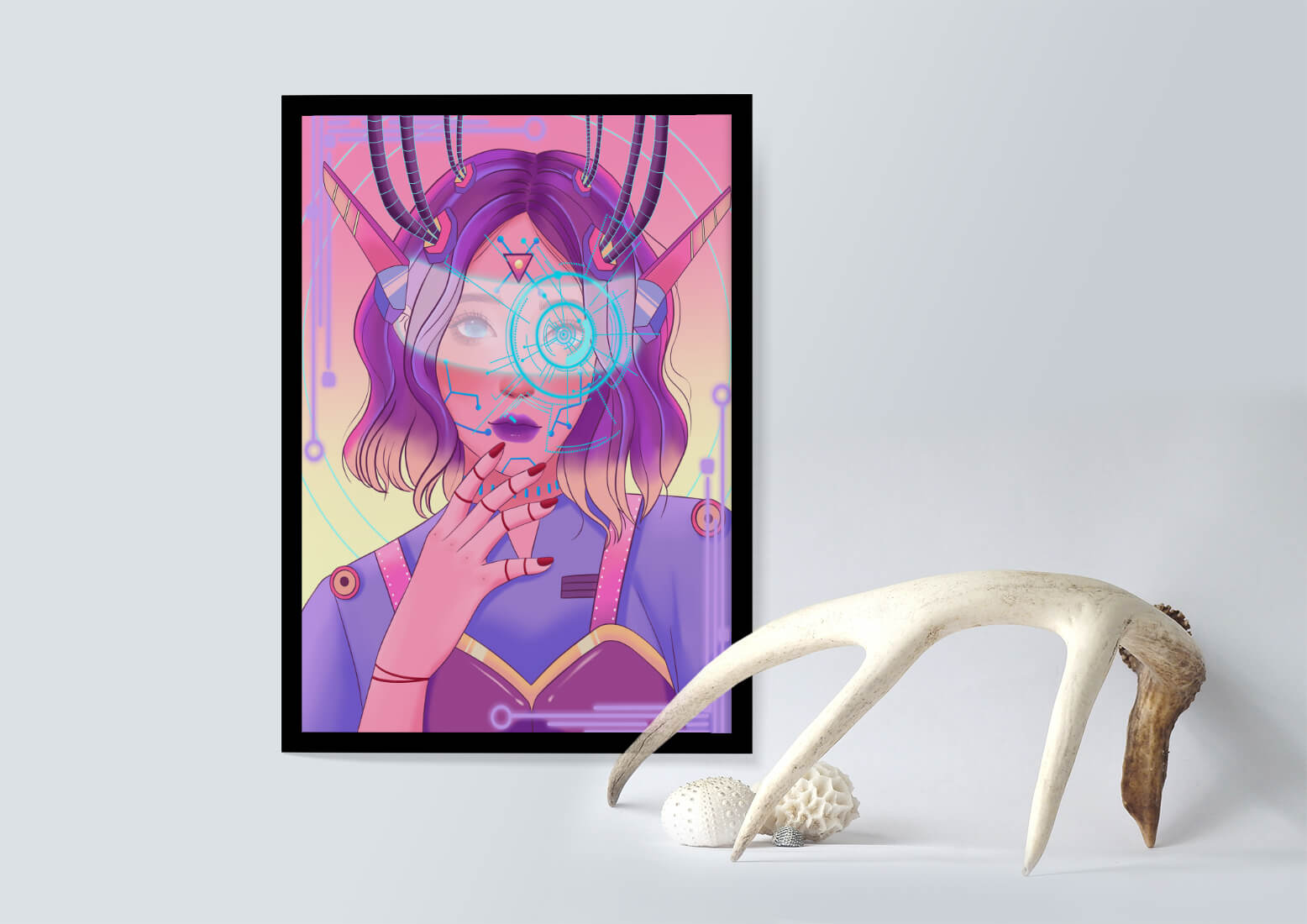 Futuristic digital art featuring a cybernetic woman with a holographic interface