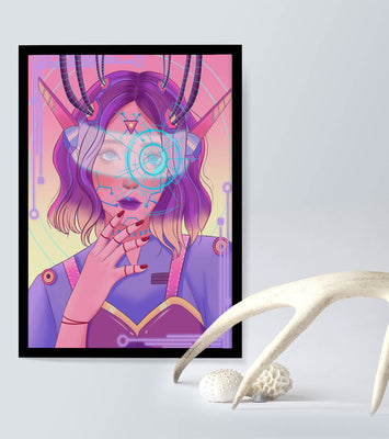 Futuristic digital art featuring a cybernetic woman with a holographic interface