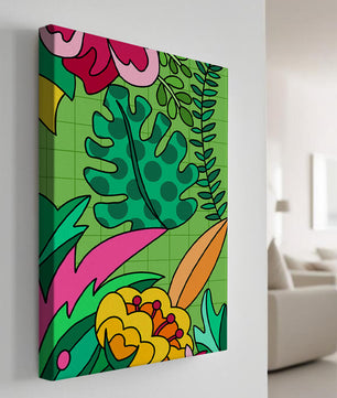 Colorful botanical illustration with vibrant tropical elements