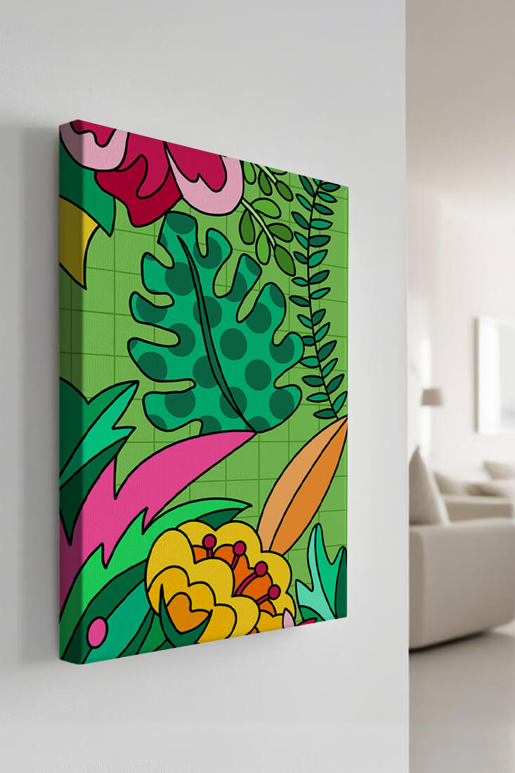 Colorful botanical illustration with vibrant tropical elements