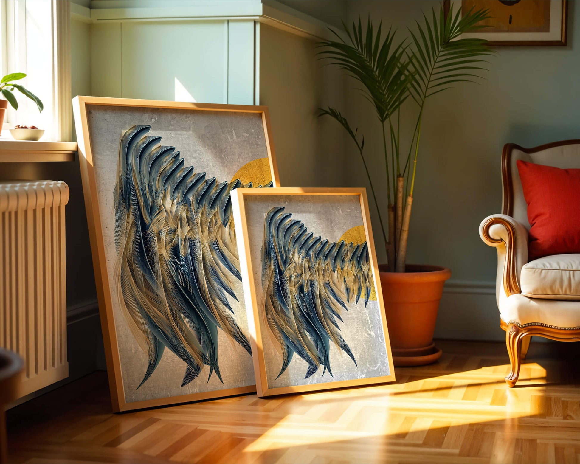 Arte abstracto de plumas con detalles dorados sobre fondo texturizado