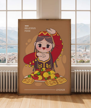 Illustration d’une figure culturelle ouïghoure portant un costume traditionnel et partageant un repas festif
