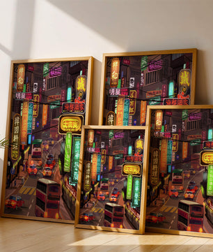 Vibrant urban street with neon signs and bustling traffic at night