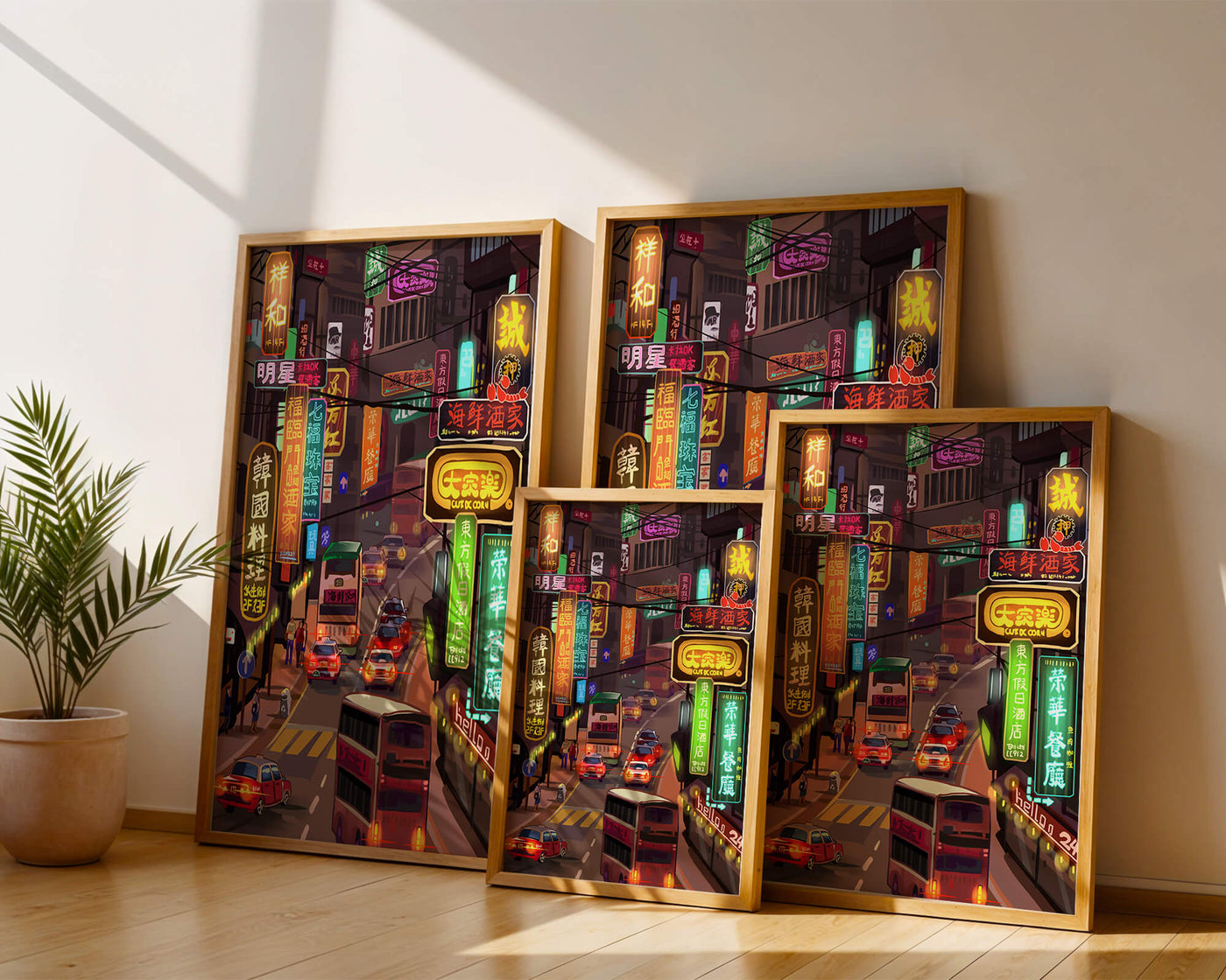 Vibrant urban street with neon signs and bustling traffic at night