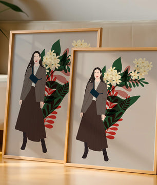 Elegant woman illustration with floral background in earthy tones