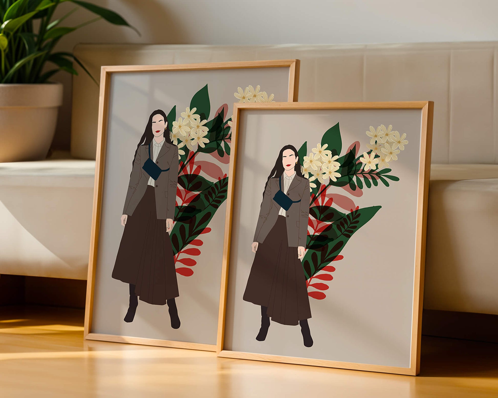 Elegant woman illustration with floral background in earthy tones