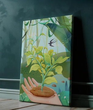 Hand hält eine wachsende Pflanze mit ruhigem Waldhintergrund und Vogel