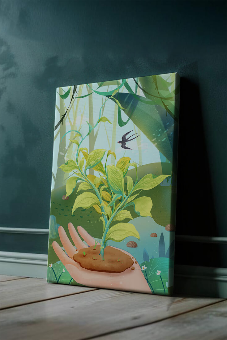 Hand hält eine wachsende Pflanze mit ruhigem Waldhintergrund und Vogel
