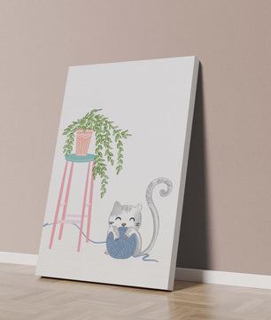 Cat Playing with Yarn Beside a Potted Plant on Pink Stool - Mi tienda