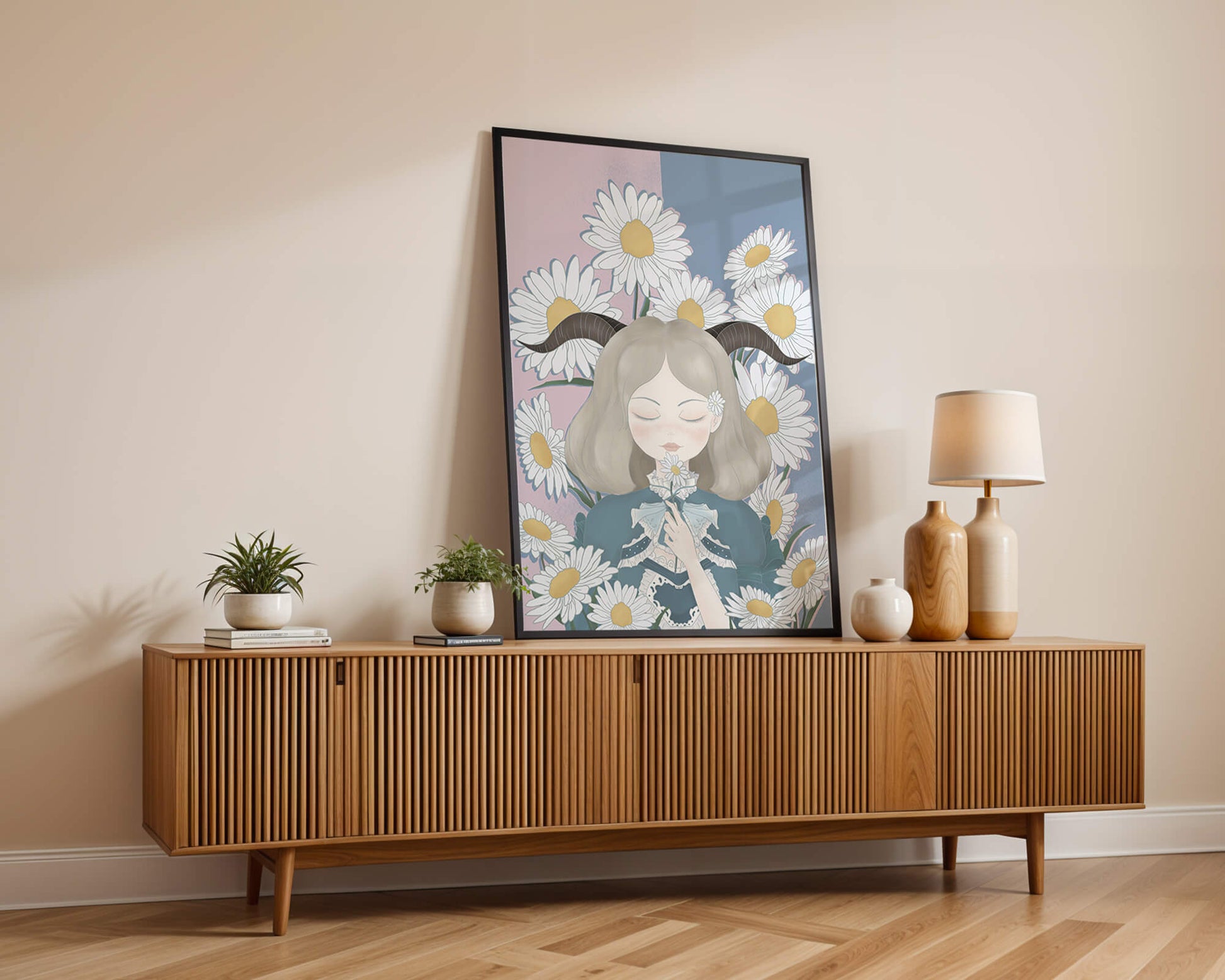 Illustration of girl with daisies and horns on a pastel background
