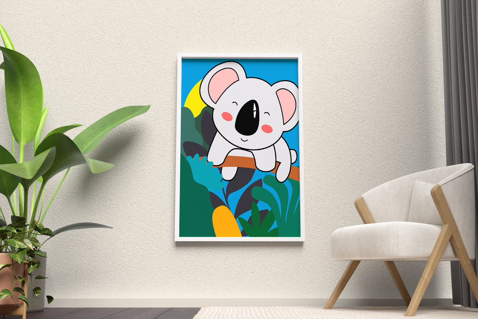 Charming illustrated koala on a branch with vibrant background