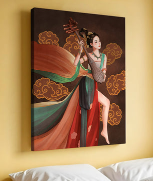 Elegante representación de una mujer tocando un instrumento de cuerda tradicional con ropajes fluidos y fondo ornamentado