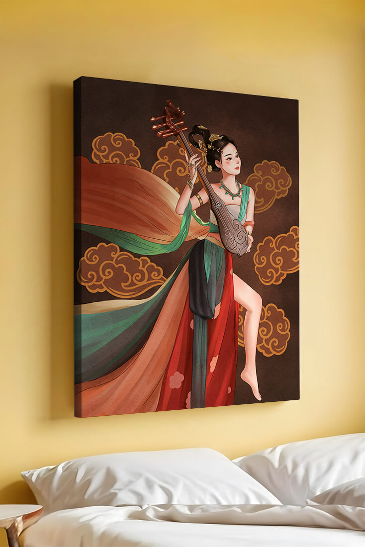 Elegant depiction of a woman playing a traditional string instrument with flowing garments and ornate background