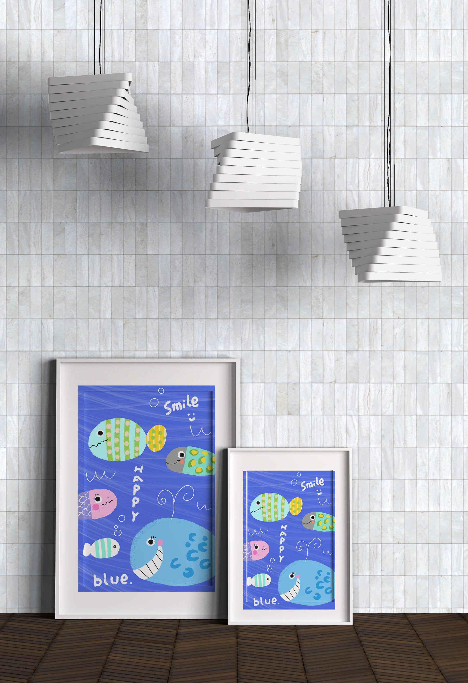 Colorful underwater scene with smiling cartoon fish