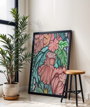 Elegant floral pattern illustration with pink blossoms and green leaves