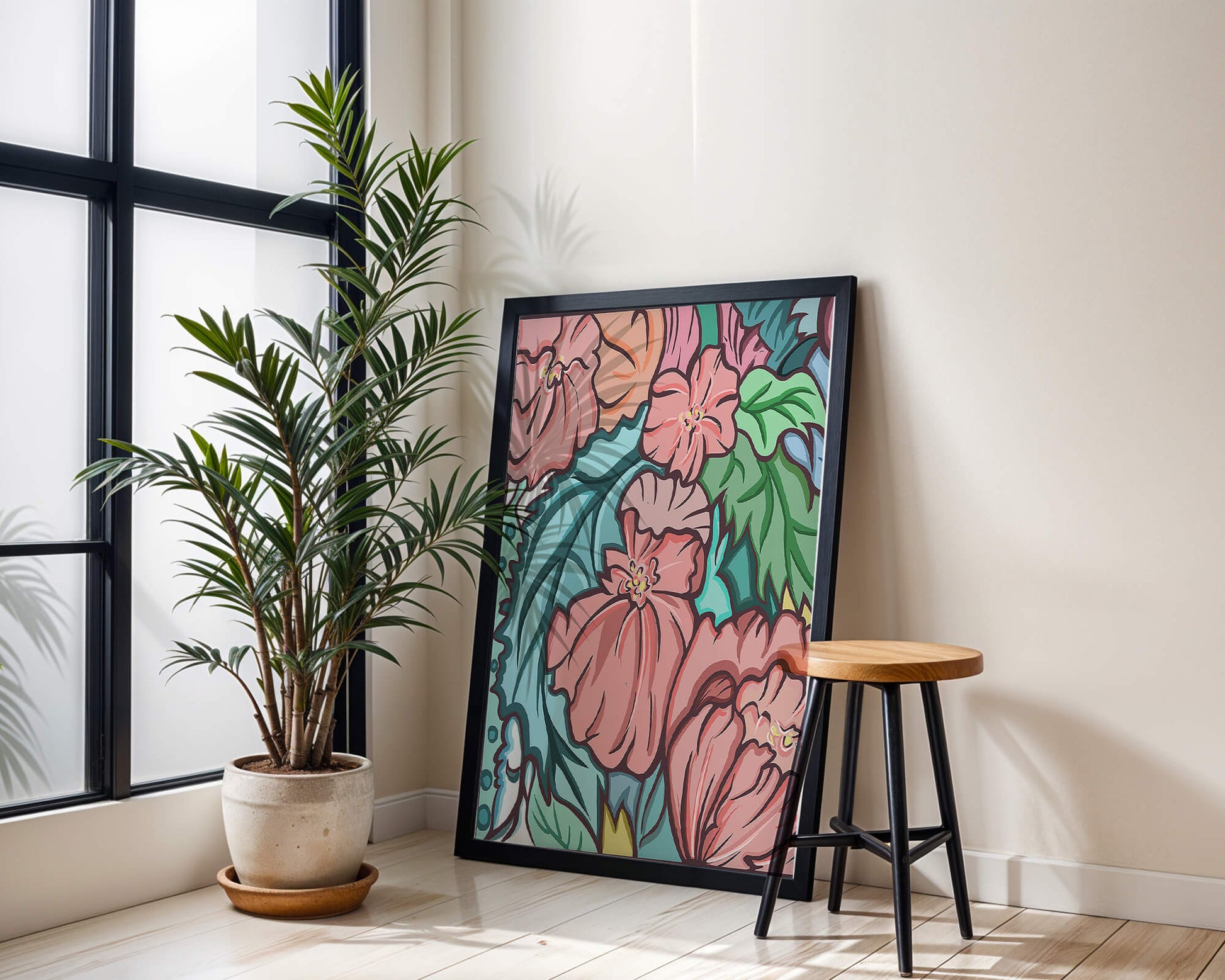 Elegant floral pattern illustration with pink blossoms and green leaves