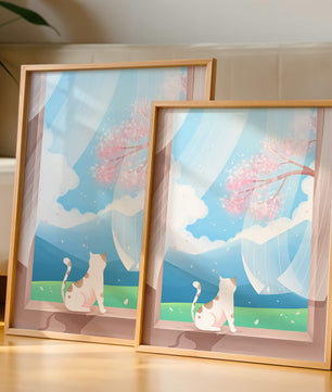 Serene scene with cat gazing out at cherry blossoms through window