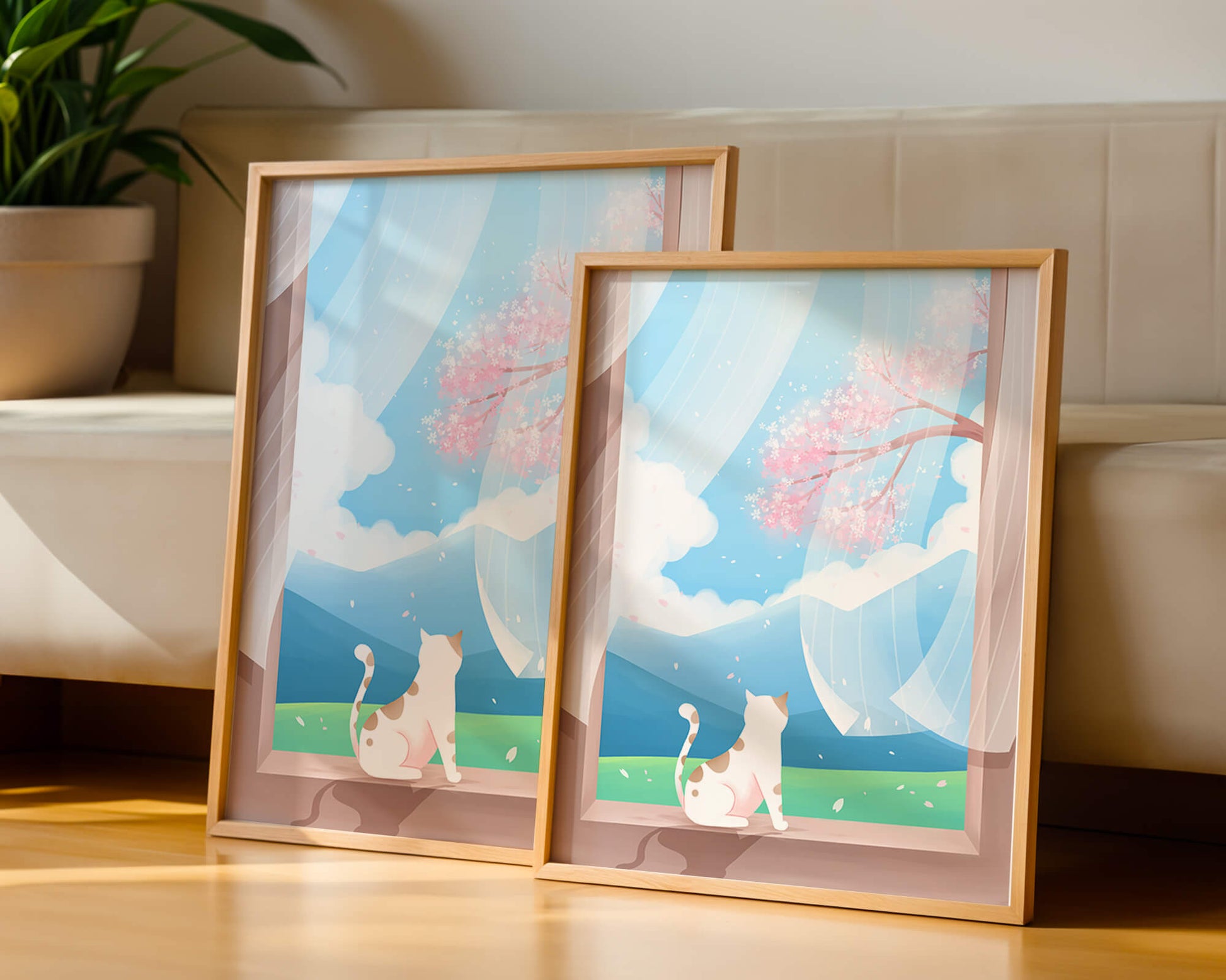 Serene scene with cat gazing out at cherry blossoms through window
