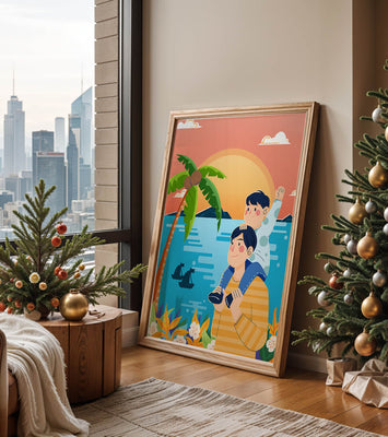 Father and son enjoying a tropical sunset with palm trees and boats