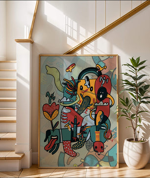 Colorful Abstract Surrealism Art with Intricate Details and Playful Characters