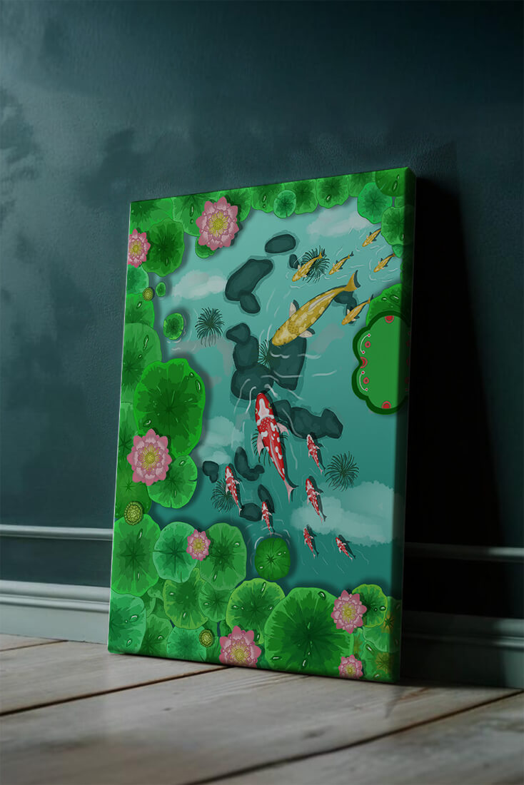 Étang à carpes koï vibrant avec des fleurs de lotus et des nénuphars verts