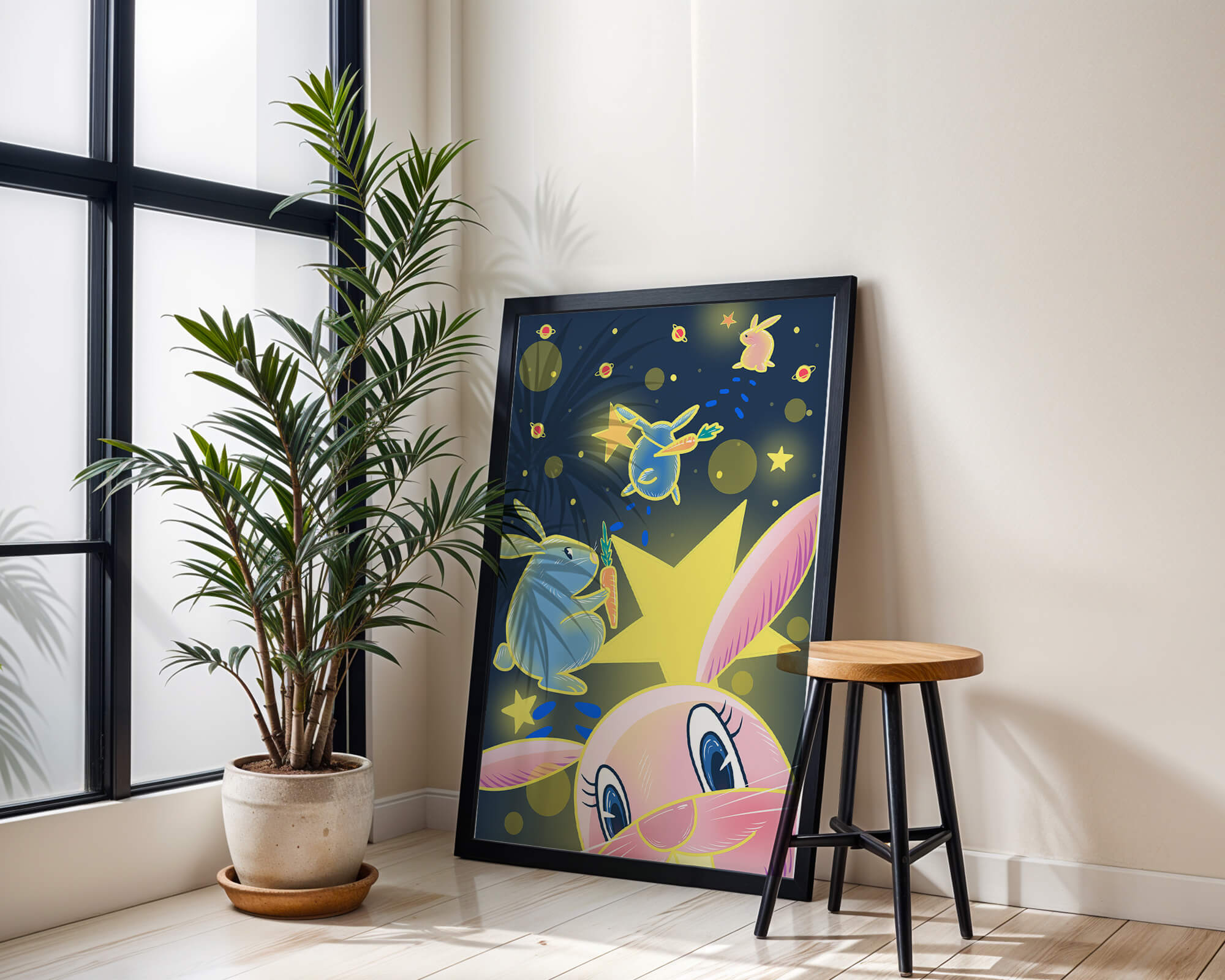 Playful bunnies with carrots and stars in a whimsical space scene