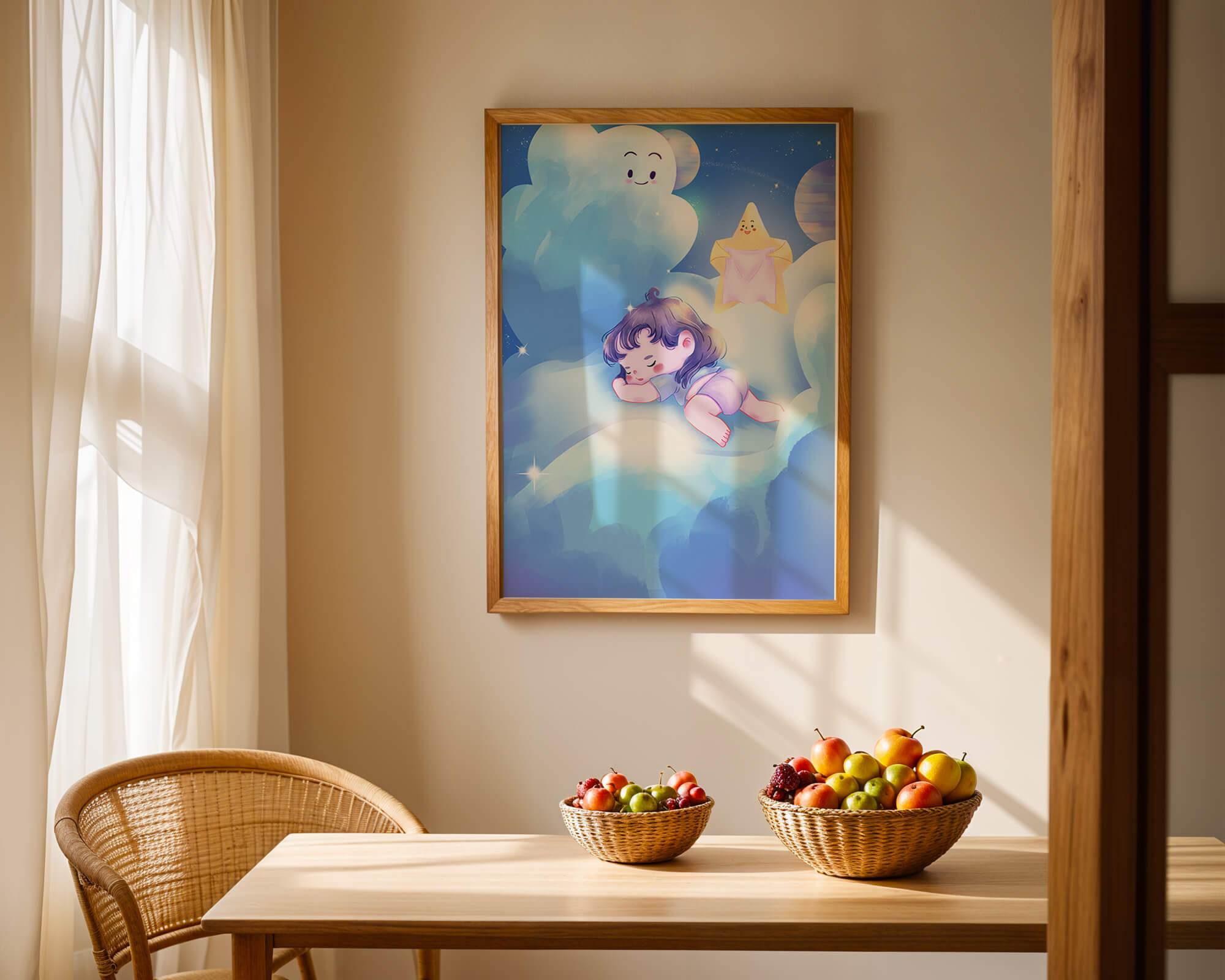 Dreamy illustration of sleeping child on clouds with smiling cloud and star
